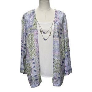 Alfred Dunner Womens XL Cardigan Jacket Multi Patchwork Southampton Necklace NWT